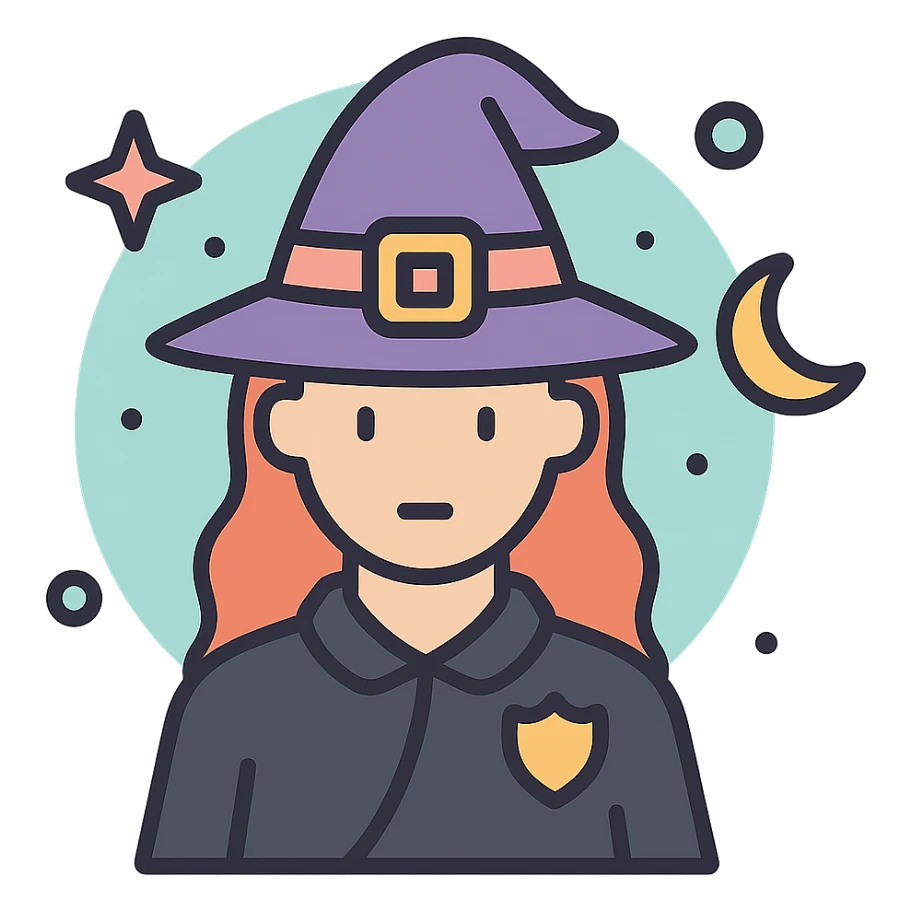 Make this female enforcer icon witchy by adding a witch hat, magical aura, and mystical symbols with a soft color palette and no background. sticker