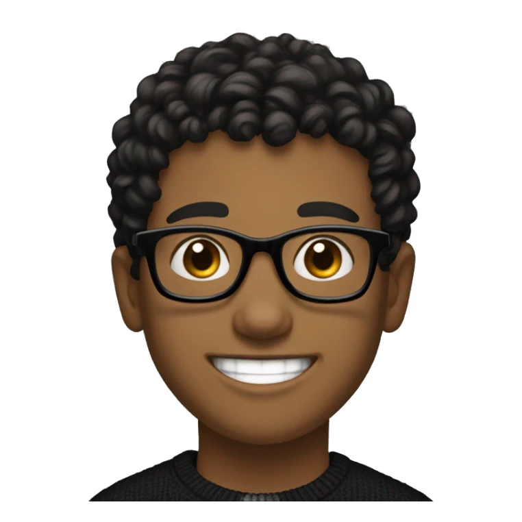 a young brown boy, black glasses, smiling, white teeths, curly black hair, black pullover, laptop in front of him sticker