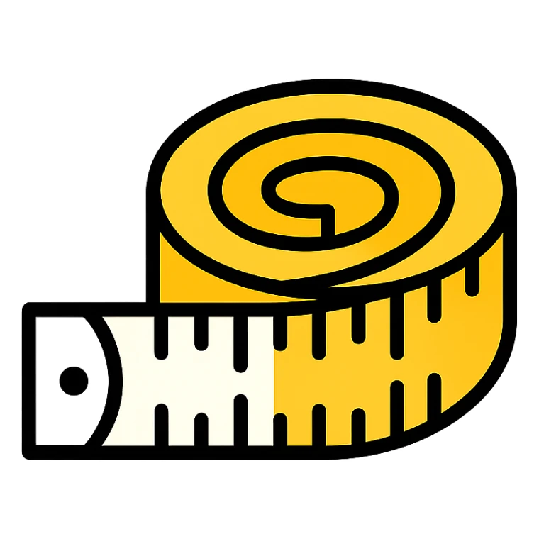 a sewing tape measure, coiled, with visible measurement markings, realistic color, white and yellow sections, metal tip, icon style sticker
