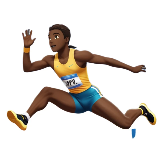 An icon of an athlete soaring over a hurdle, mid-jump, with a powerful form. The background features a vibrant stadium, with the track and hurdles in sharp focus, and a cheering crowd along the stands. The motion of the jump emphasizes speed and agility. Transparent background. sticker