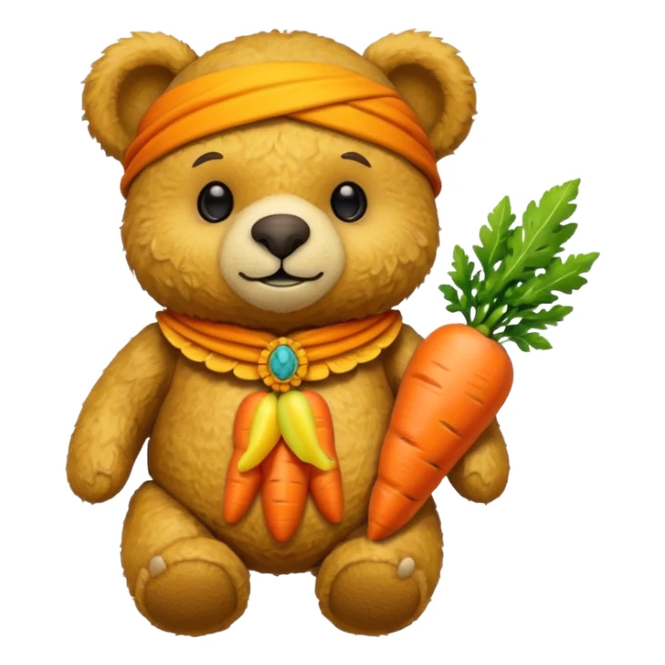 teddy bear half body, wearing yellow mayan ancient custome, with carrot half body sticker