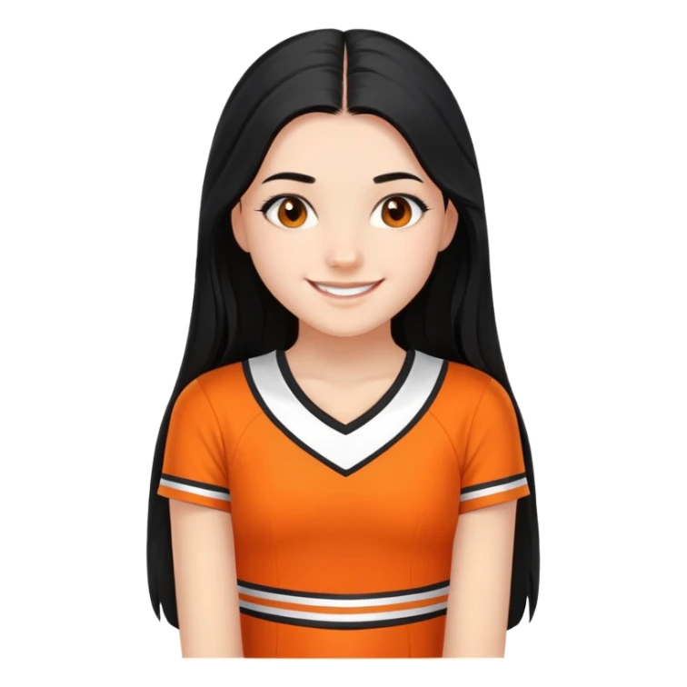 - Nữ
- 15 tuổi
- Da trắng
- Tóc dài, đen
- thân thiện ,xinh, cười mỉm, mặt nhỏ nhắn
- Mặc áo cổ vũ cam
- ảnh chân dung, không cần tay sticker