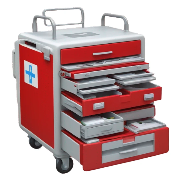 Singular Red medical crash cart is a mobile, multi-drawer unit designed to store and organize emergency medical supplies and equipment and a cardiac defibrillator on top sticker