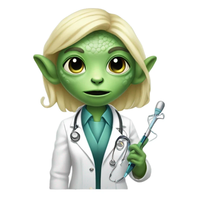 Reptilian alien woman, blonde, is a doctor sticker