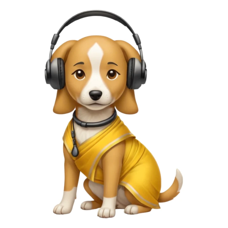 dog, saree dress with headphone, yellow sticker