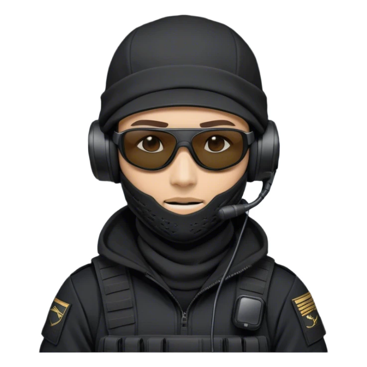 A highly detailed tactical operator wearing a black backward cap, a white full-face balaclava, black wraparound sunglasses, and a professional military communication headset with a microphone. The character is dressed in a dark tactical hoodie or combat gear with a sleek, modern design. sticker