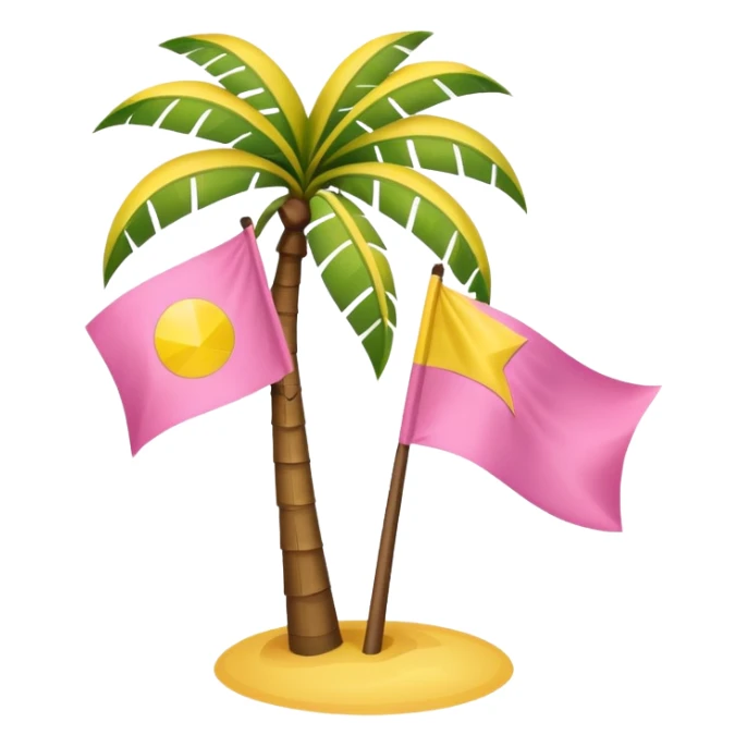 A pink flag in this flag there’s two small blue triangles on the sides In the middle of the circle on the flag a small pink palm tree coming out of the sides  yellow circle with two thick yellow stripes sticker