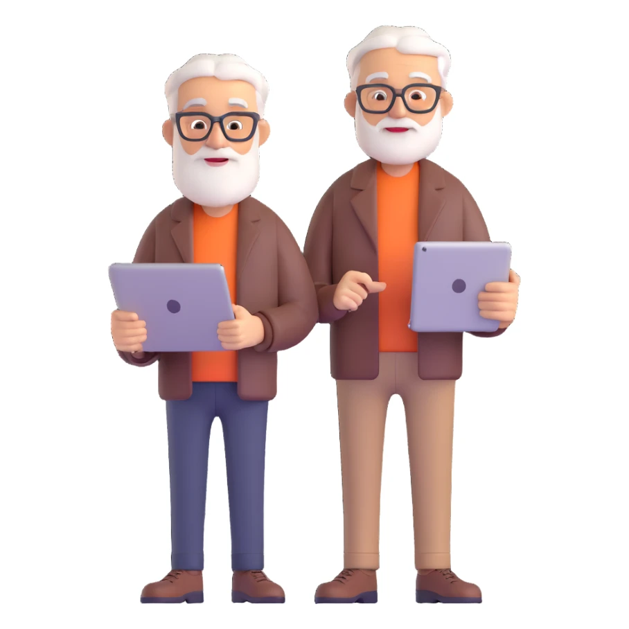 emoji of an older programmer with a tablet and a laptop sticker