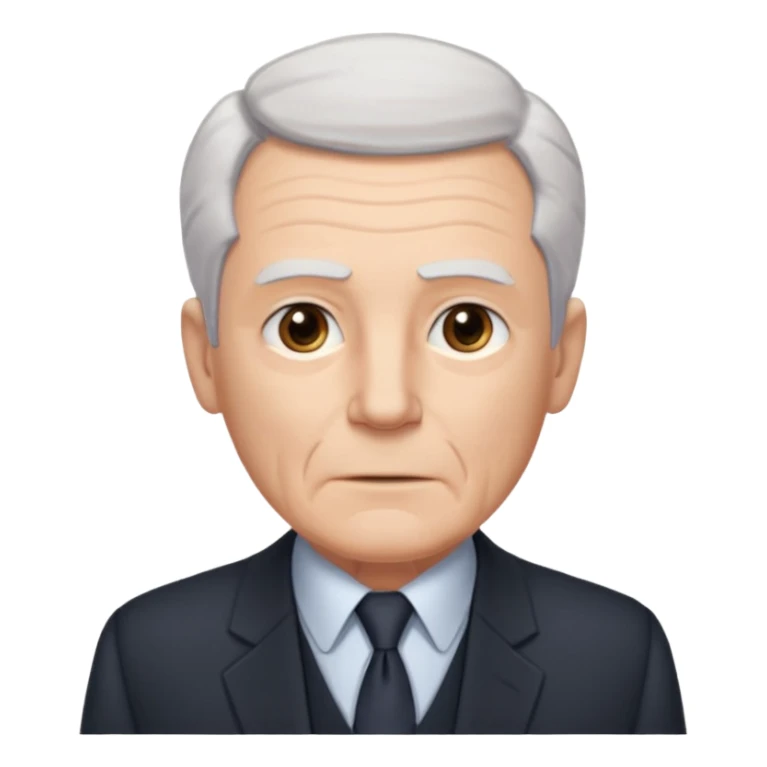 Elderly white man. Pale skin. Gray or white hair neatly combed back. Clean-shaven face with wrinkles around the eyes and mouth. Calm, steady eyes. Wears a collared shirt, tie, vest, and dark suit jacket visible from the chest up. sticker