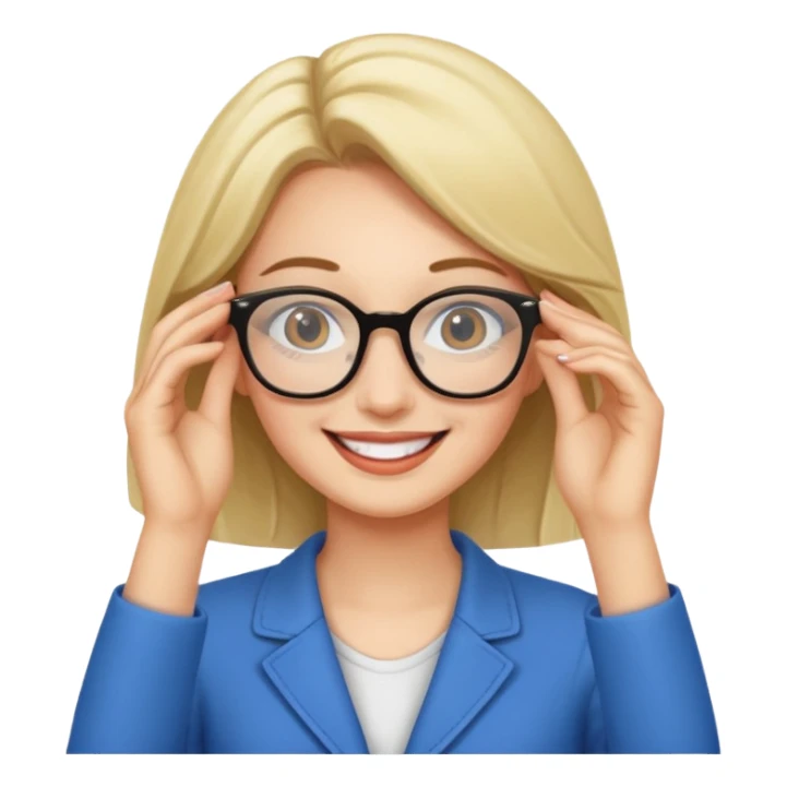 A woman putting on glasses sticker