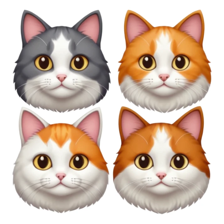 4 different coloured short haired cats including; a dark brown and white cat, and a dark grey and white, and a calico sticker
