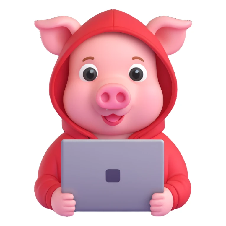 pig hacker emoji, wearing a hoodie, small laptop, minimal details sticker