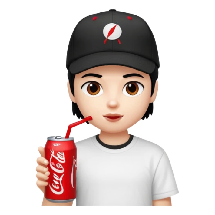 generate a pretty bratz boy with a nike black baseball cap, a white tshirt and drinking coke , black hair sticker