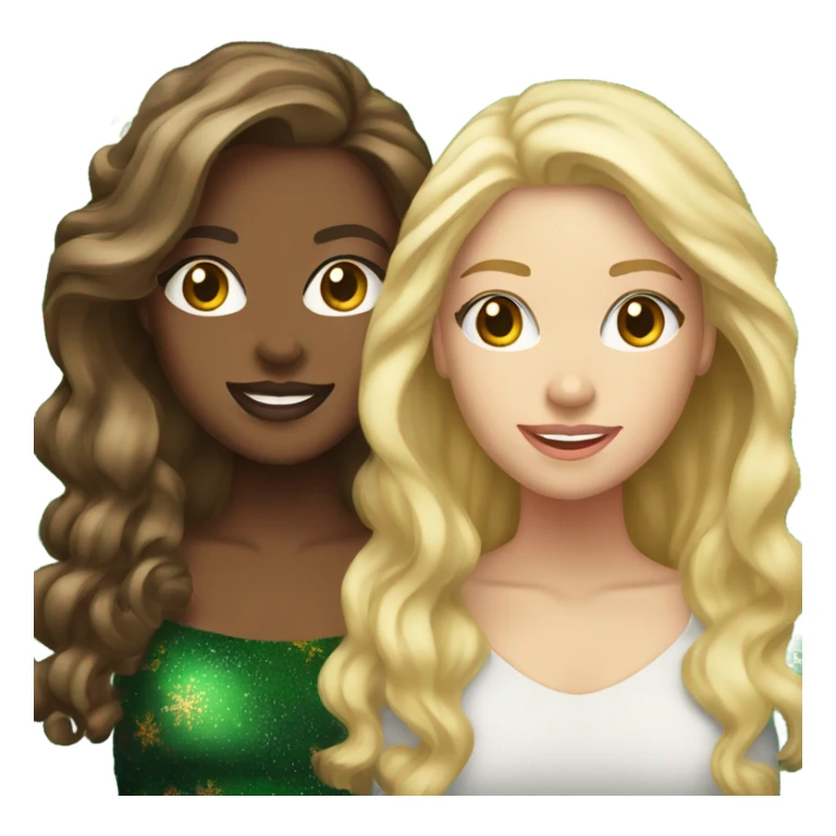 Two light skinned brunettes with a light skinned blonde next to a Christmas tree sticker