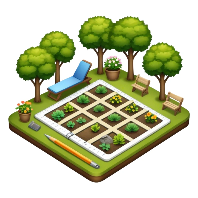 Icon for Landscape Design: a garden layout with trees, plants, pathways, and outdoor furniture, along with design tools like a ruler and sketchpad. The icon should represent the creativity and planning behind landscape design. Transparent background. sticker