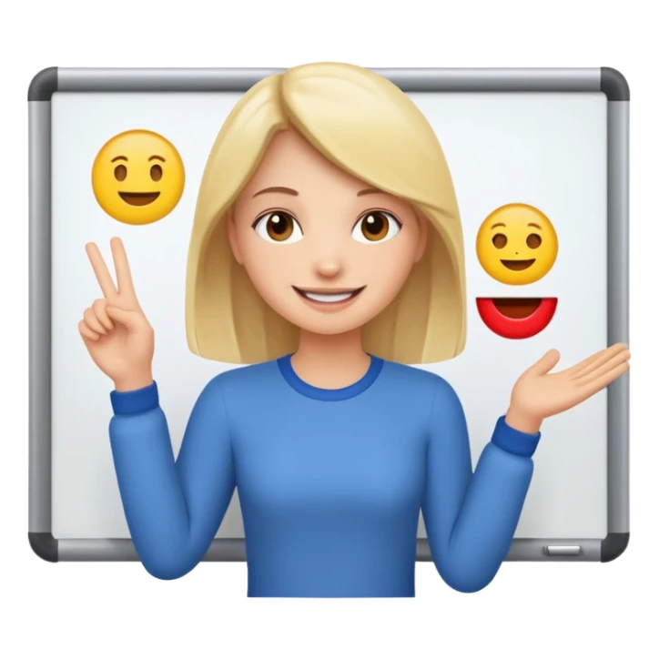 Make an emoji of a girl who is teaching how to make emojis on a board sticker