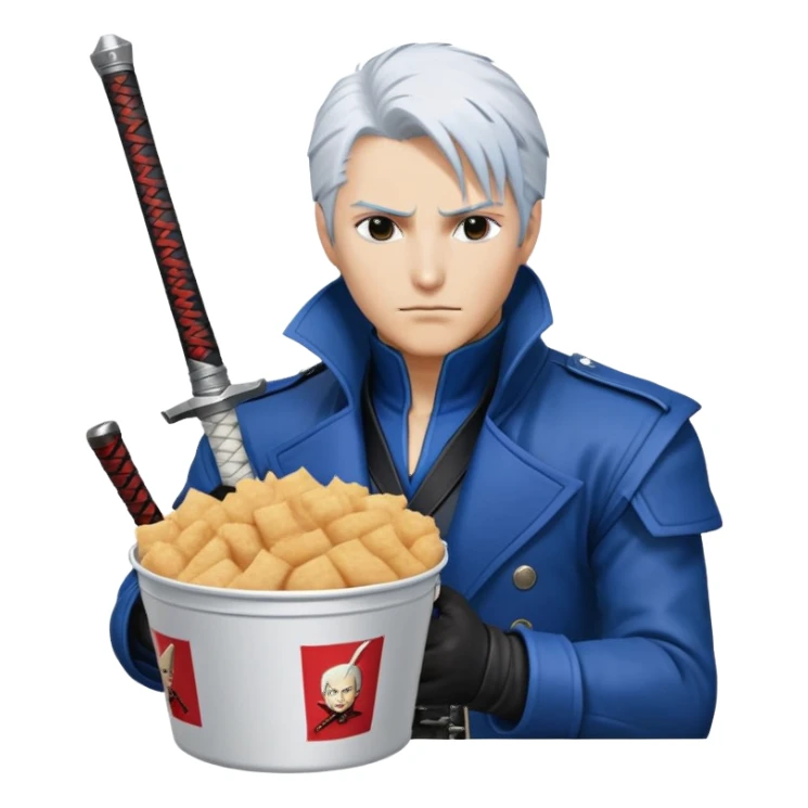 Vergil from Devil May Cry sitting in a KFC bucket, blue coat, white hair, katana sticker