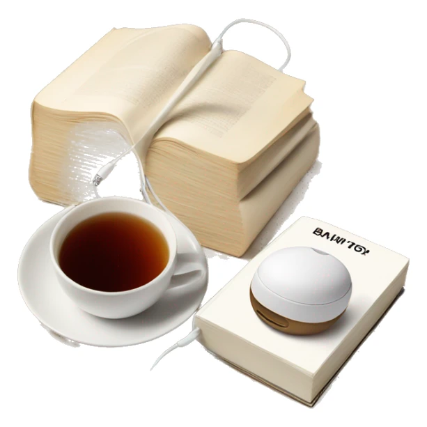 Baige book next to a tea and white headphones sticker