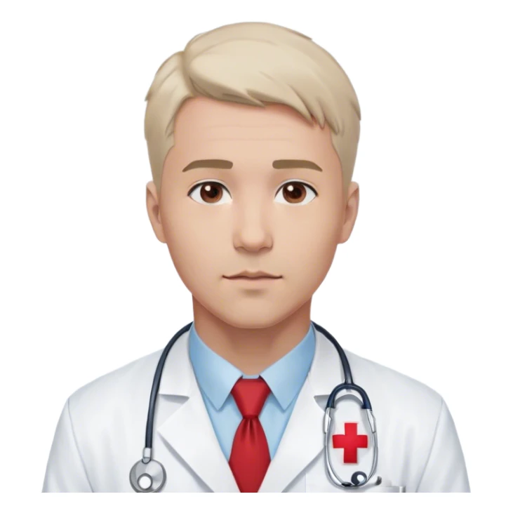 "A simple and clean bust of a male doctor in a white lab coat with a red cross emblem on the chest. He has a light blue shirt and a subtle red tie. A minimalistic stethoscope drapes around his neck with a thin, smooth design. His facial features are simplified but expressive, with short, neatly styled hair and a calm, confident look. Behind him, a faint, abstract medical symbol (such as a heartbeat line or a plus sign) subtly reinforces the healthcare theme. The overall style is modern, sleek, and minimalistic, using smooth lines and soft shading. sticker
