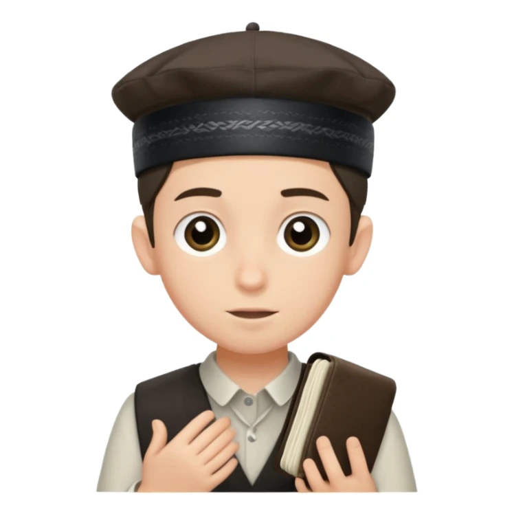 a boy with kippa and not a hat putting on tefillin sticker