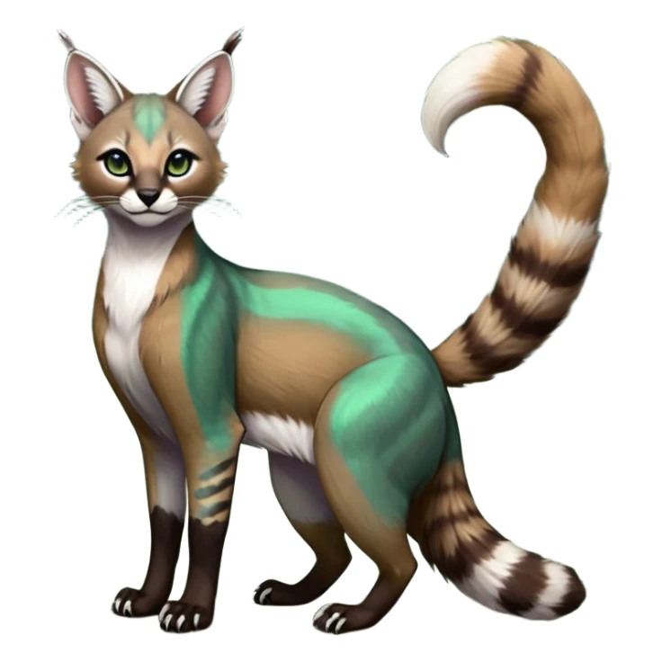 Colorful dark tropical dusky-hunter-green and dark-brownish iridescent pastel white glorious divine exotic cute cool beautiful shiny beautiful fantasy-caracal-civet-genet-sergal-vernid-Cacomistle-oncilla-animal-Fakémon-hybrid-fursona (full body) sticker