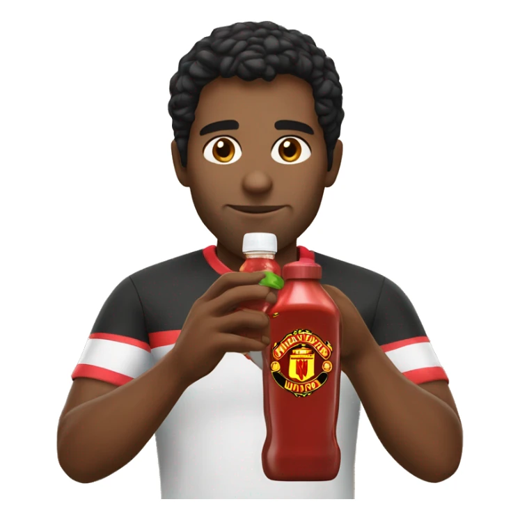 Man with Manchester United jersey brown skinned toned black hair drinking a bottle of ketchup sticker