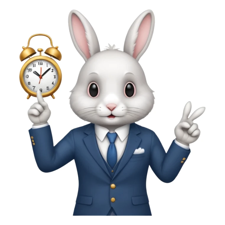 A rabbitwearing a suitand holding a clockand pointing at the clock sticker