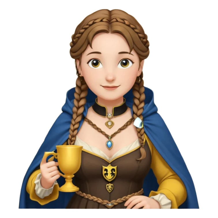 Helga Hufflepuff, blue eyes, brown-haired, two brown braids, yellow-black medieval dress, black cloak decorated with gold braiding, tiny gold cup with two handles, very kind smile, curvy busty sweet woman, macromastia, thick round rosy cheeks, gold pendant with round black stone sticker