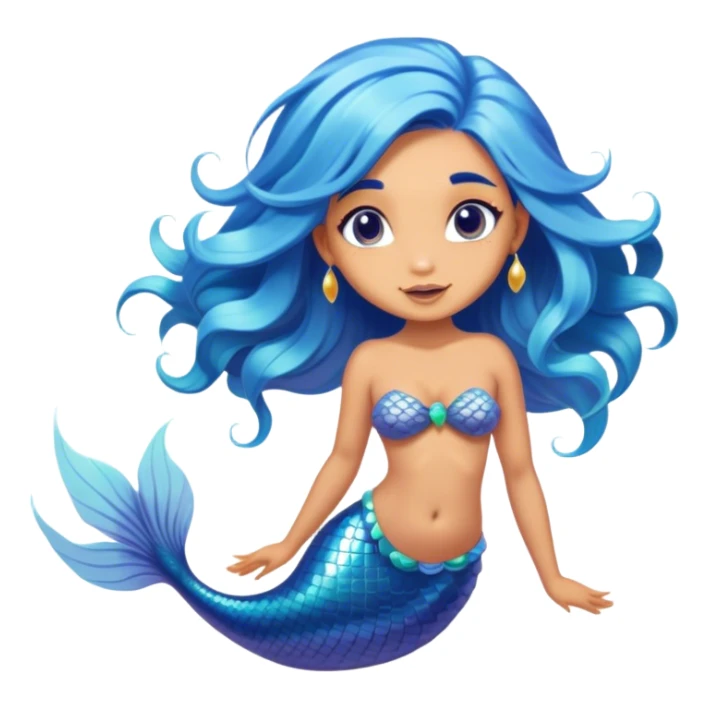 Cinematic Realistic Blue Hair Mermaid Portrait, head tilted playfully and inquisitively, showcasing a delicate, tropical form with finely detailed, flowing blue hair contrasting beautifully against her sun-kissed tanned skin. Her bright, curious eyes sparkle like sea gems under warm filtered light, rendered with lifelike clarity and soft underwater illumination—capturing the essence of a spirited mermaid poised to dance playfully amidst coral reefs. sticker