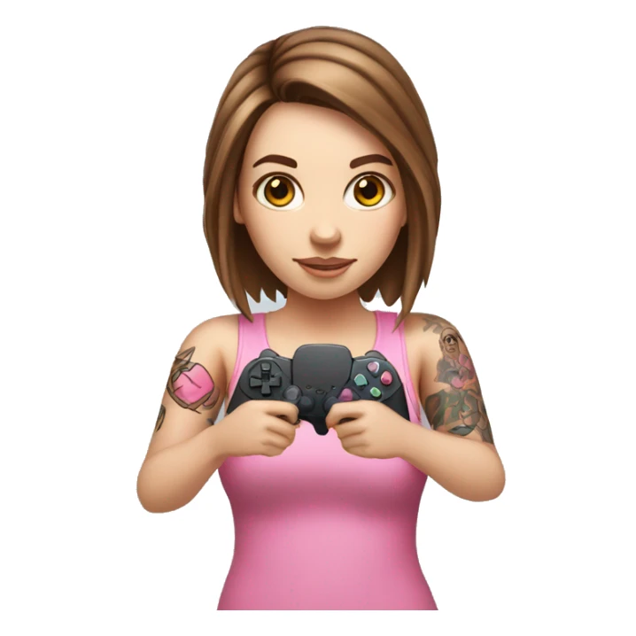 White girl with arm tattoo and brown hair holding a pink game controller sticker