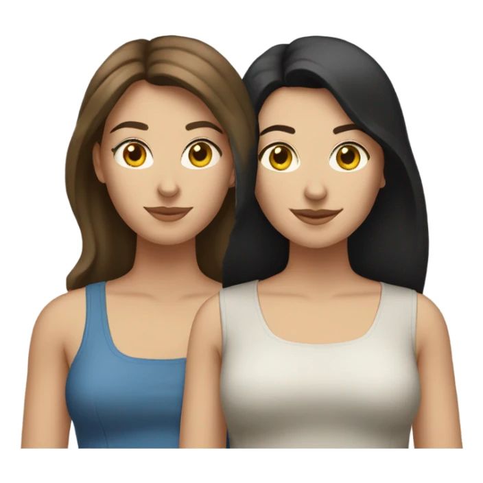 two caucassian woman with brown hair standing next to each other. One has black hair the other one has brown hair and is slightly shorter then the woman with black hair sticker