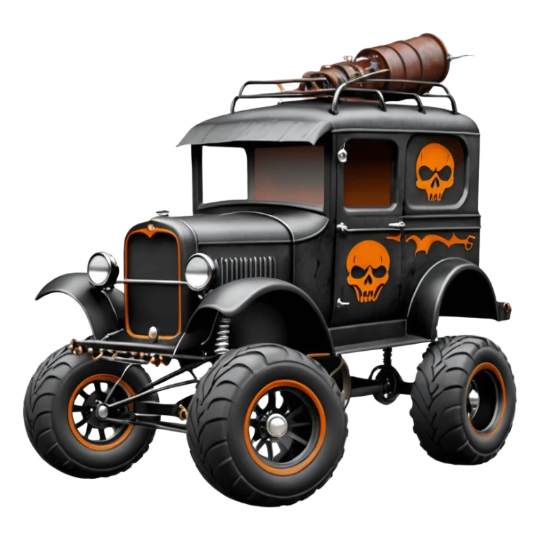 1:10 off-road pot-smoking rusting Basher style 1927 blackened tarnished hotrod rat rod streamlined anime vampire ghostly-glowing Dodge zombie infected extended-cab rc bulging monster pickup (extra wide low-profile pin tires chrome wheels with fenders) sticker