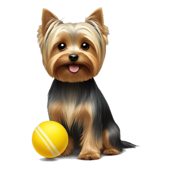 a Yorkshire terrier playing with a little yellow ball sticker