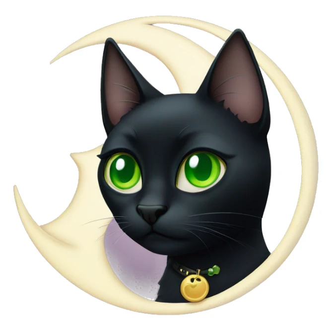 Black cat with green eyes wearing a moon charm on his collar sticker