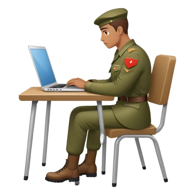 Soldier on a chair watching a laptop, minimalist  sticker