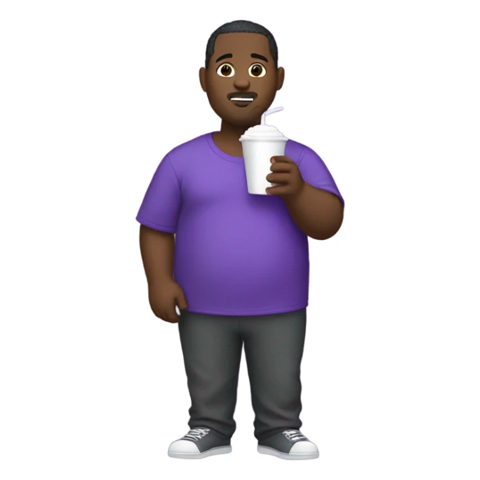 Obese black man wearing a purple jumpsuit suit while holding a white styrofoam cup with grape soda sticker