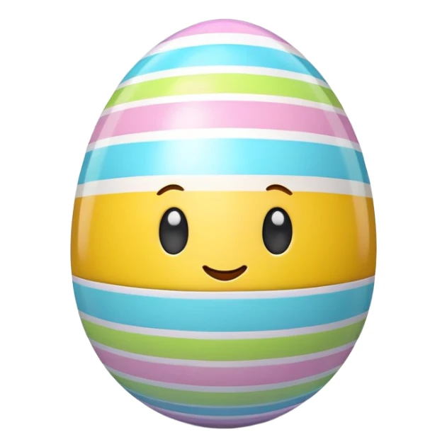 3D emoji of a colorful Easter egg with glossy surface, pastel patterns like stripes and dots. Cute, shiny, high-res style on a white background with soft shadow. sticker