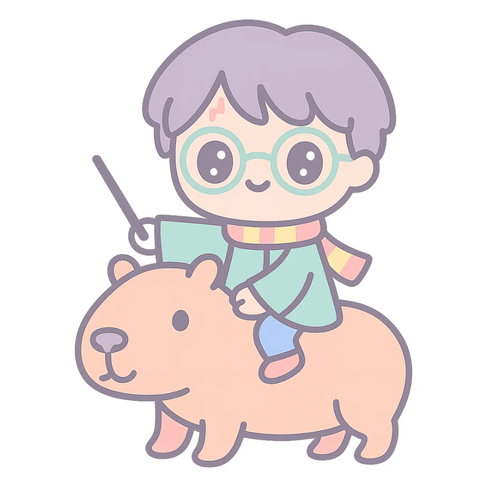 Harry Potter riding a capybara, simple and cute, minimal background sticker