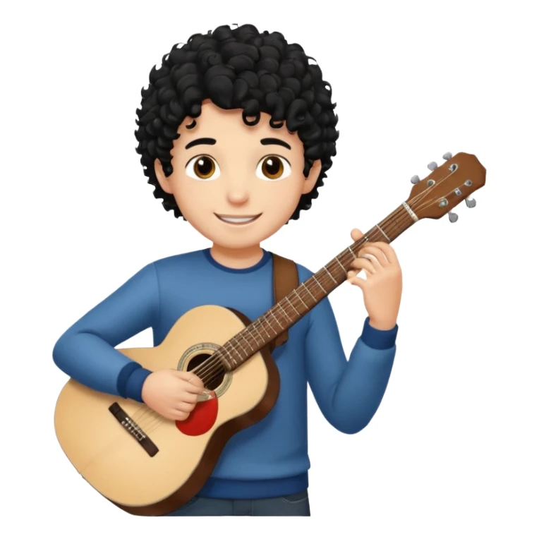 A boy with black curly hair Smiling and holdijg a guitar  sticker