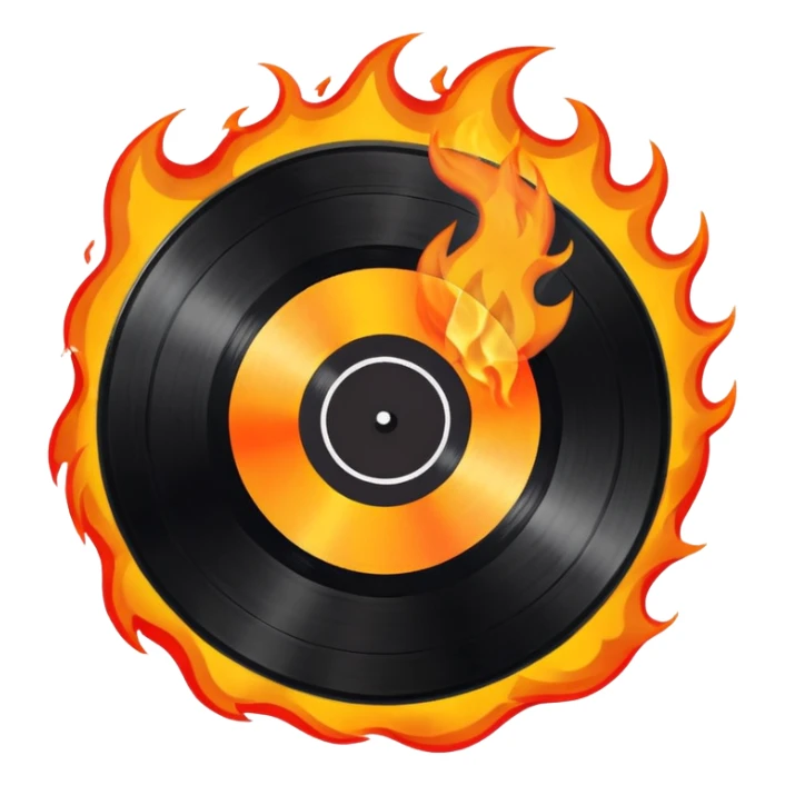 a black vinyl record on fire with a white center sticker sticker