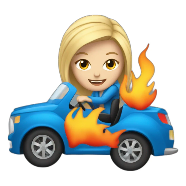 blonde female driving blue car Turbo with cool flames  sticker
