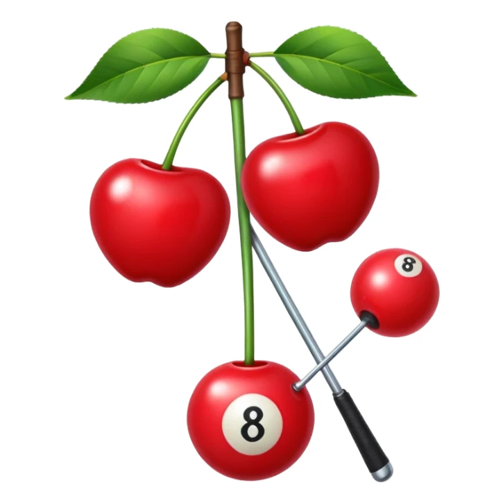cherries with a bow on the stem, one cherry has an eight ball design and one has a club design sticker