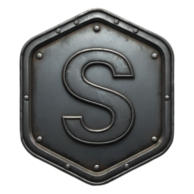 Create a custom emoji badge featuring a stylized, letter “S”. Design the badge in the dark metallic Iron rank style from League of Legends. Use rough metal textures, dark gray tones, and a gritty, heavy look. Add subtle dim glows. Premium, sharp, and readable at small sizes.
 sticker
