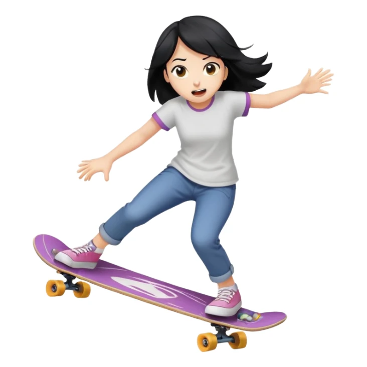 girl with black hair crashing off a skateboard, surprised expression, action lines, playful emoji look sticker