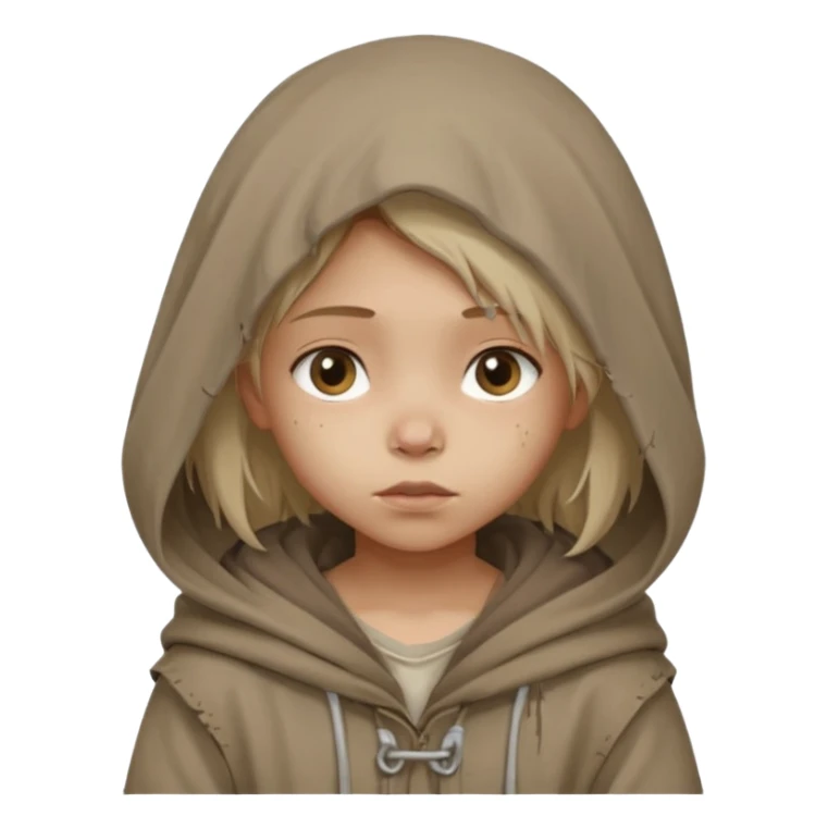 Young beggar little girl character, chest-up portrait, wearing worn and oversized clothes, hair is visible, neutral earth-tone fabric, slightly messy hair peeking from under a hood, tired but gentle eyes, subtle dirt marks on face, sticker
