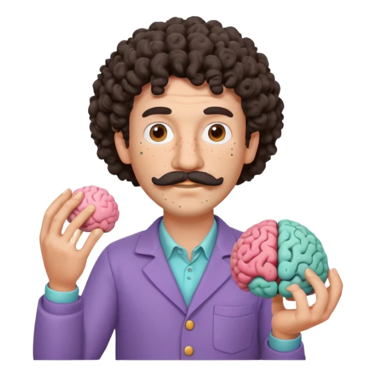 Enhance the claymation man holding a brain by adding more depth and dimension to the image. Make him more attractive and quirky, inspired by the first version, with dark curly hair, thick mustache, light skin, freckles, more movement, claymation style, visible fingerprints, and pastel colors. sticker