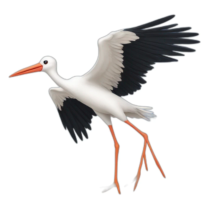  white stork with long legs and a long beak flying in the sky. The stork is carrying a blue bundle of cloth in its beak that has a cute baby face peeking out from it sticker