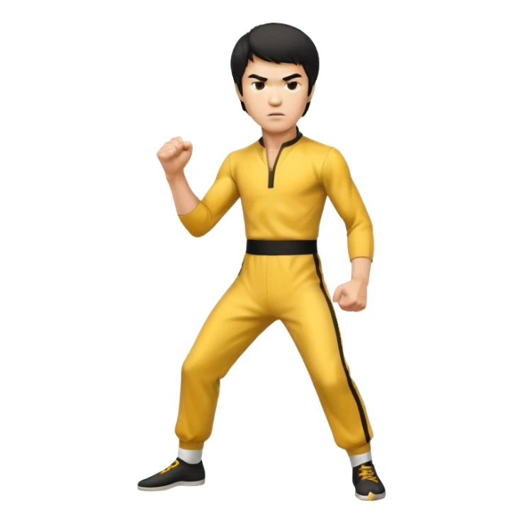 fierce Bruce Lee, ready to fight stance, focused eyes, yellow jumpsuit sticker