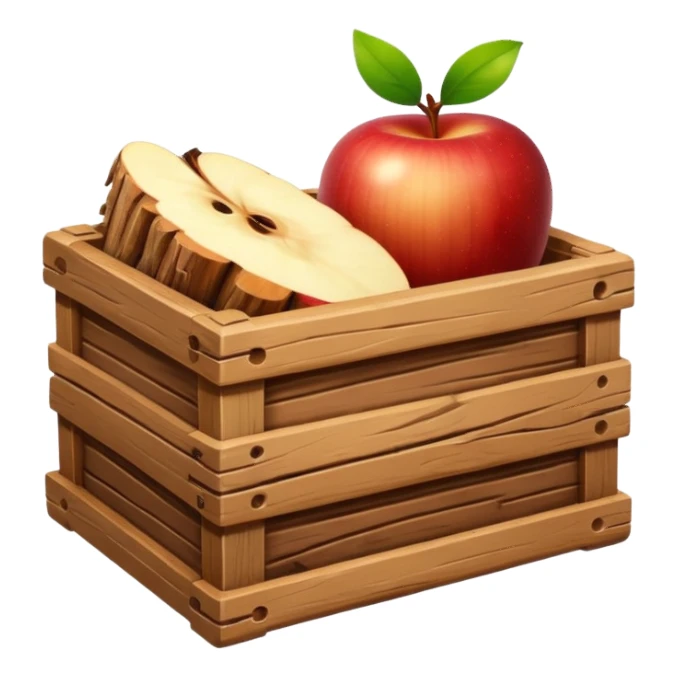 wooden box emoji, open crate with a log placed inside, realistic wood textures, vivid highlights, apple emoji style sticker