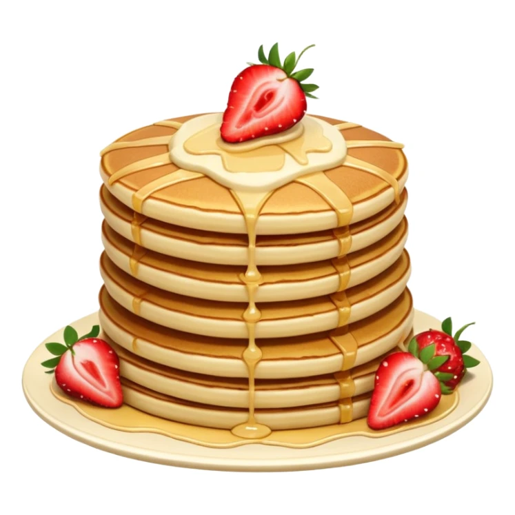 a stack of 3 pancakes with melted white chocolate drizzle on the top pancake and strawberries sticker